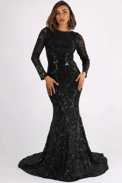 AMANI Long Sleeve Sequin Gown - Black