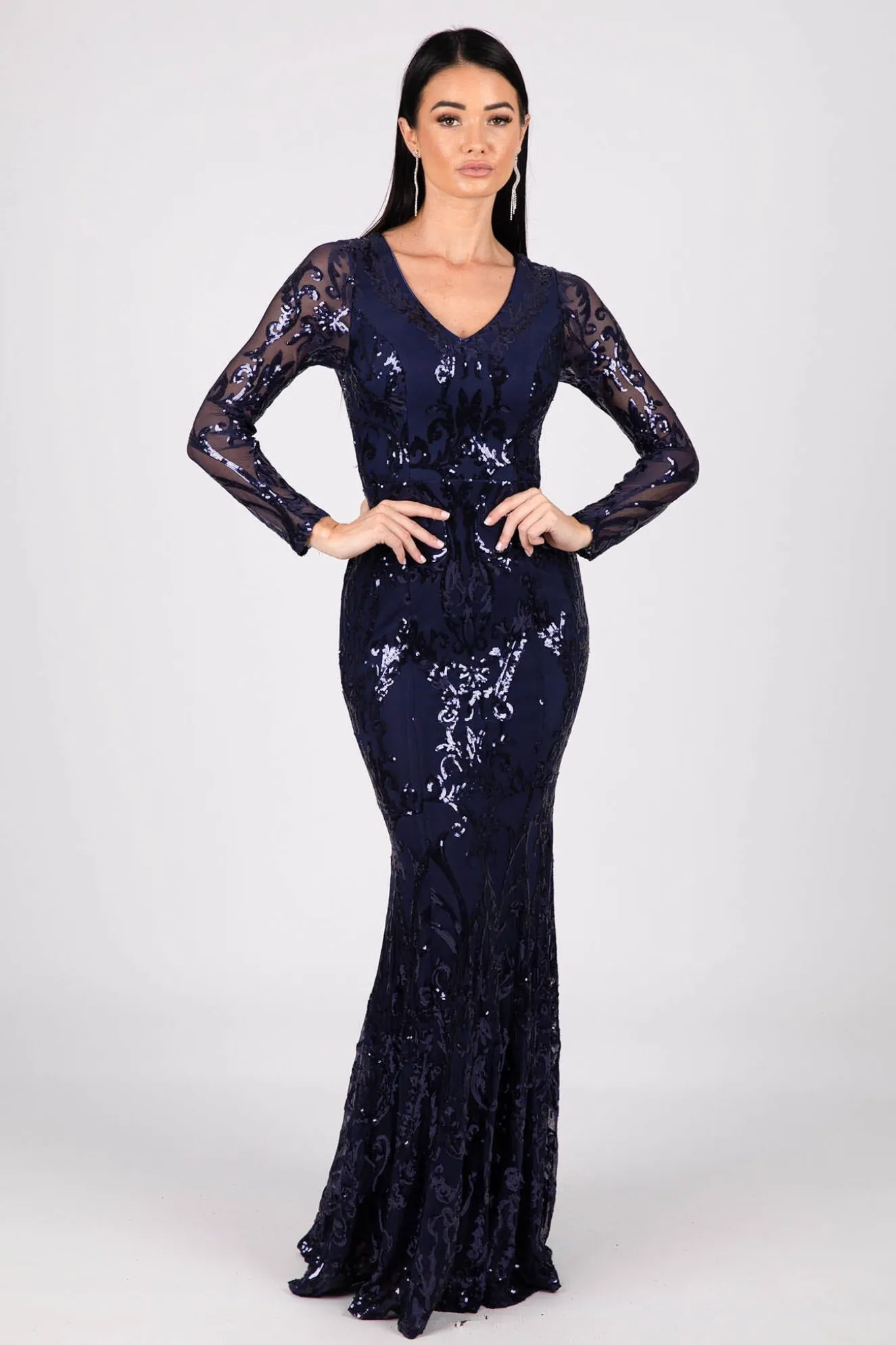 Amelia Long-Sleeve Pattern Sequin Gown - Navy