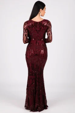 Amelia Long-Sleeve Pattern Sequin Gown - Burgundy