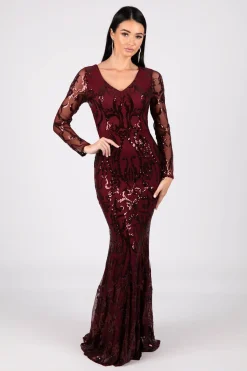 Amelia Long-Sleeve Pattern Sequin Gown - Burgundy