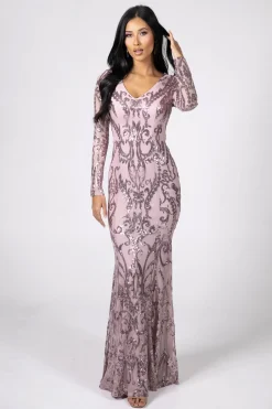 Amelia Long-Sleeve Pattern Sequin Gown - Pink