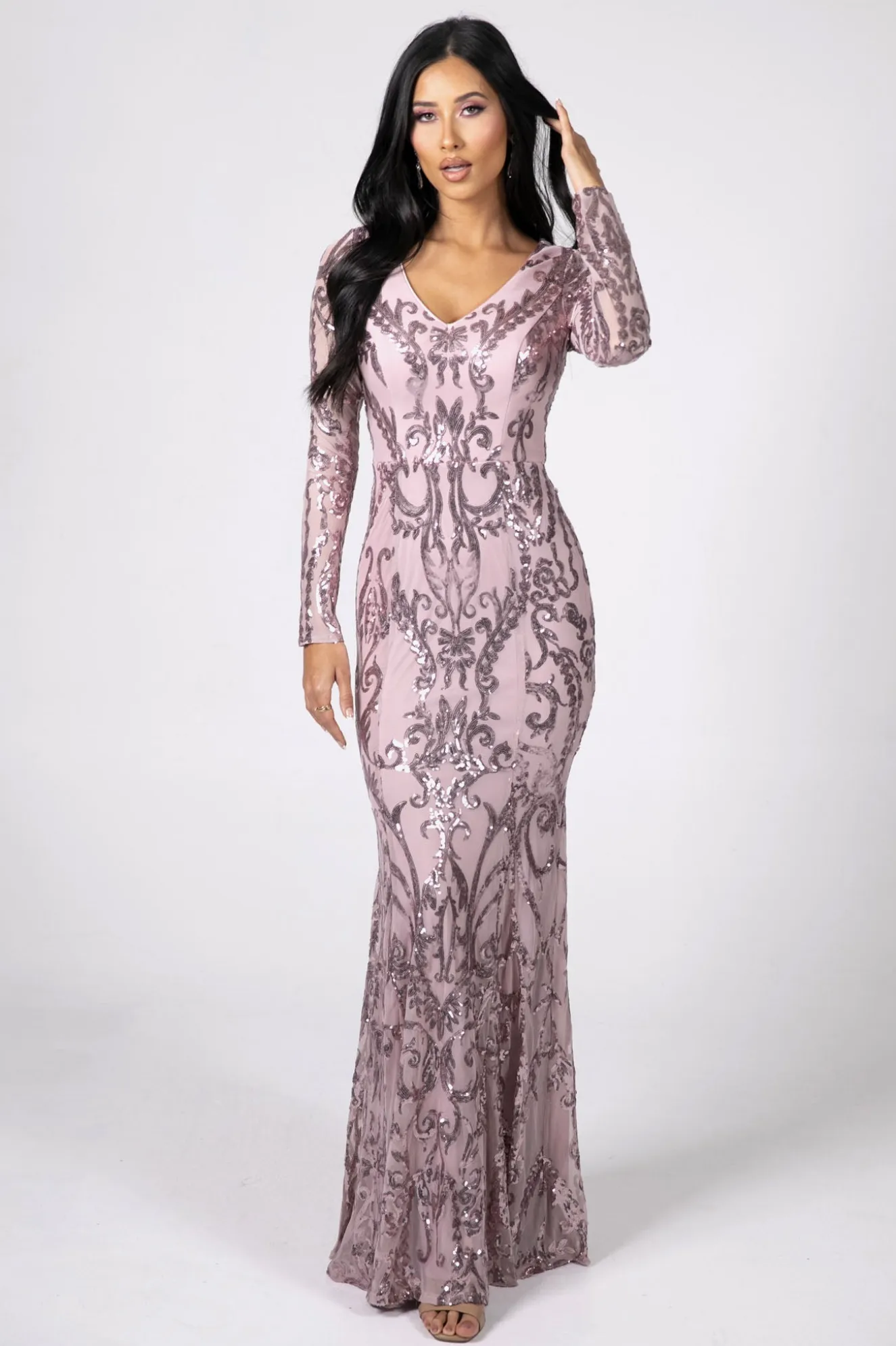 Amelia Long-Sleeve Pattern Sequin Gown - Pink
