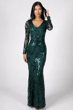 Amelia Long-Sleeve Pattern Sequin Gown - Emerald