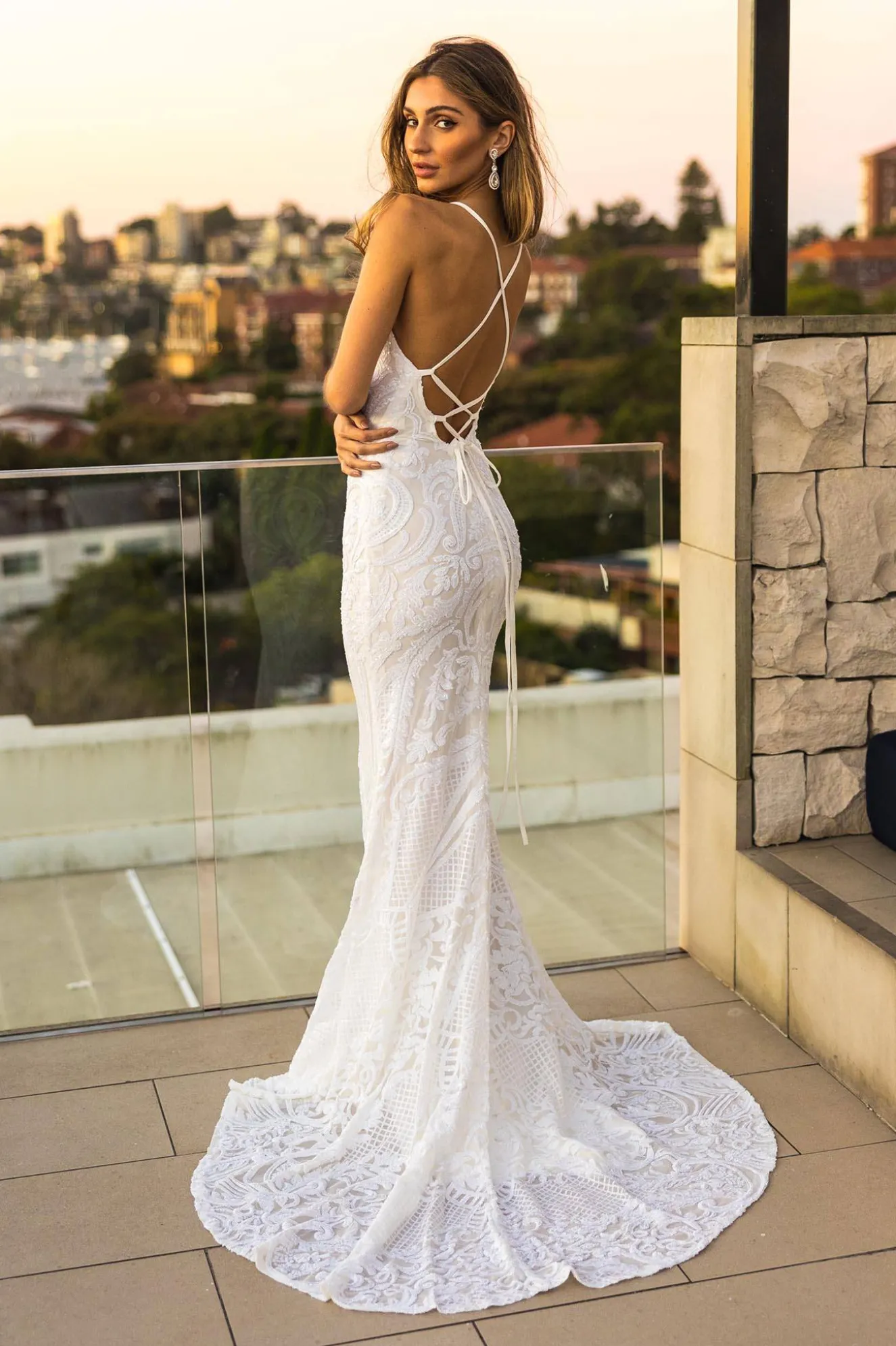 AMIYA Lace Up Back Pattern Sequin Gown - White