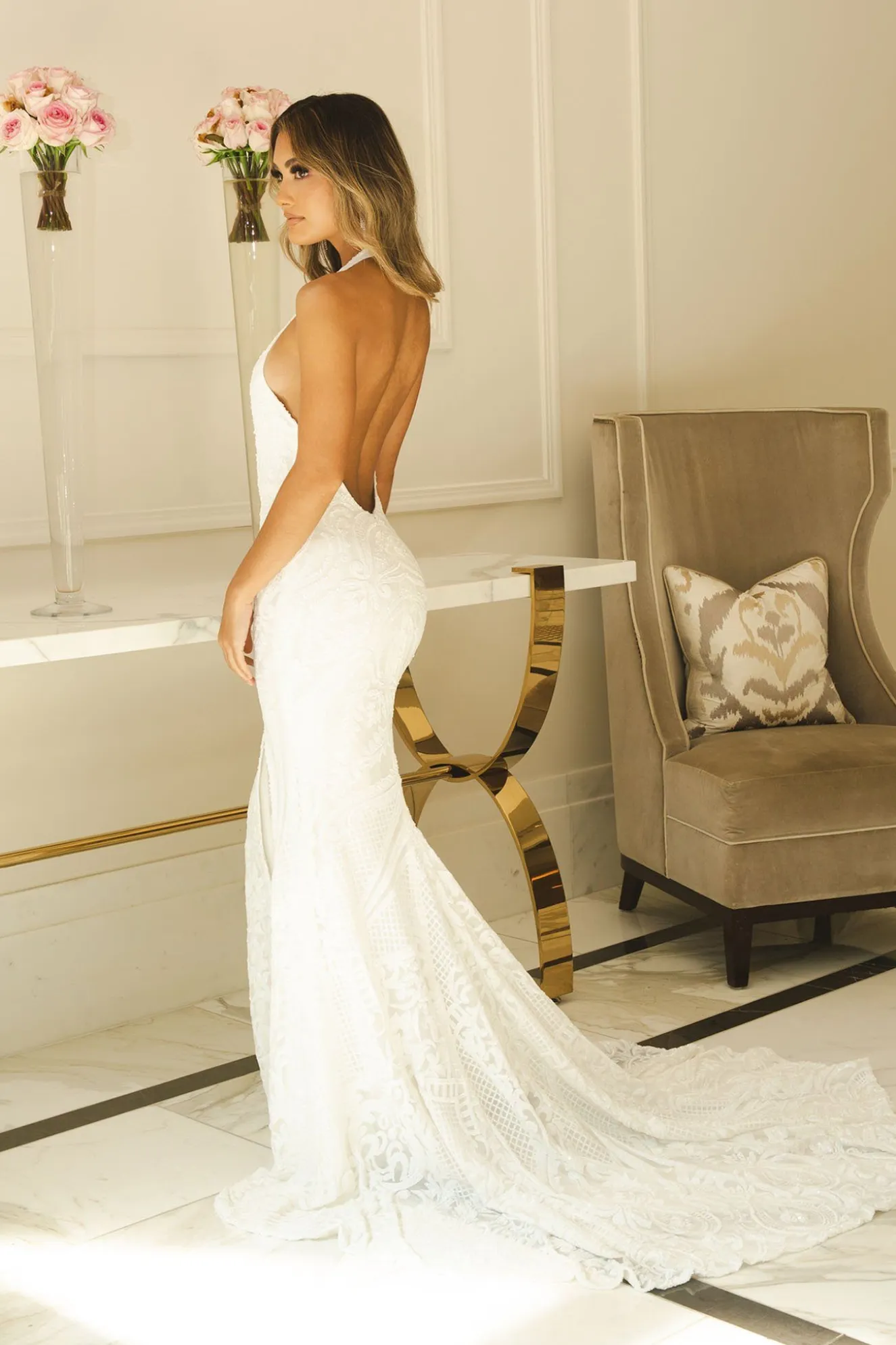 ARDEN Halter Neck Pattern Sequin Gown - White/White