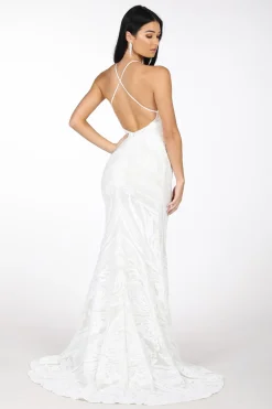 Ariella Side Slit Pattern Sequin Gown - White