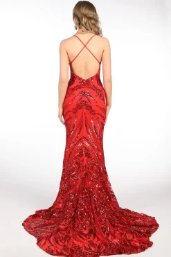 Ariella Side Slit Pattern Sequin Gown - Red