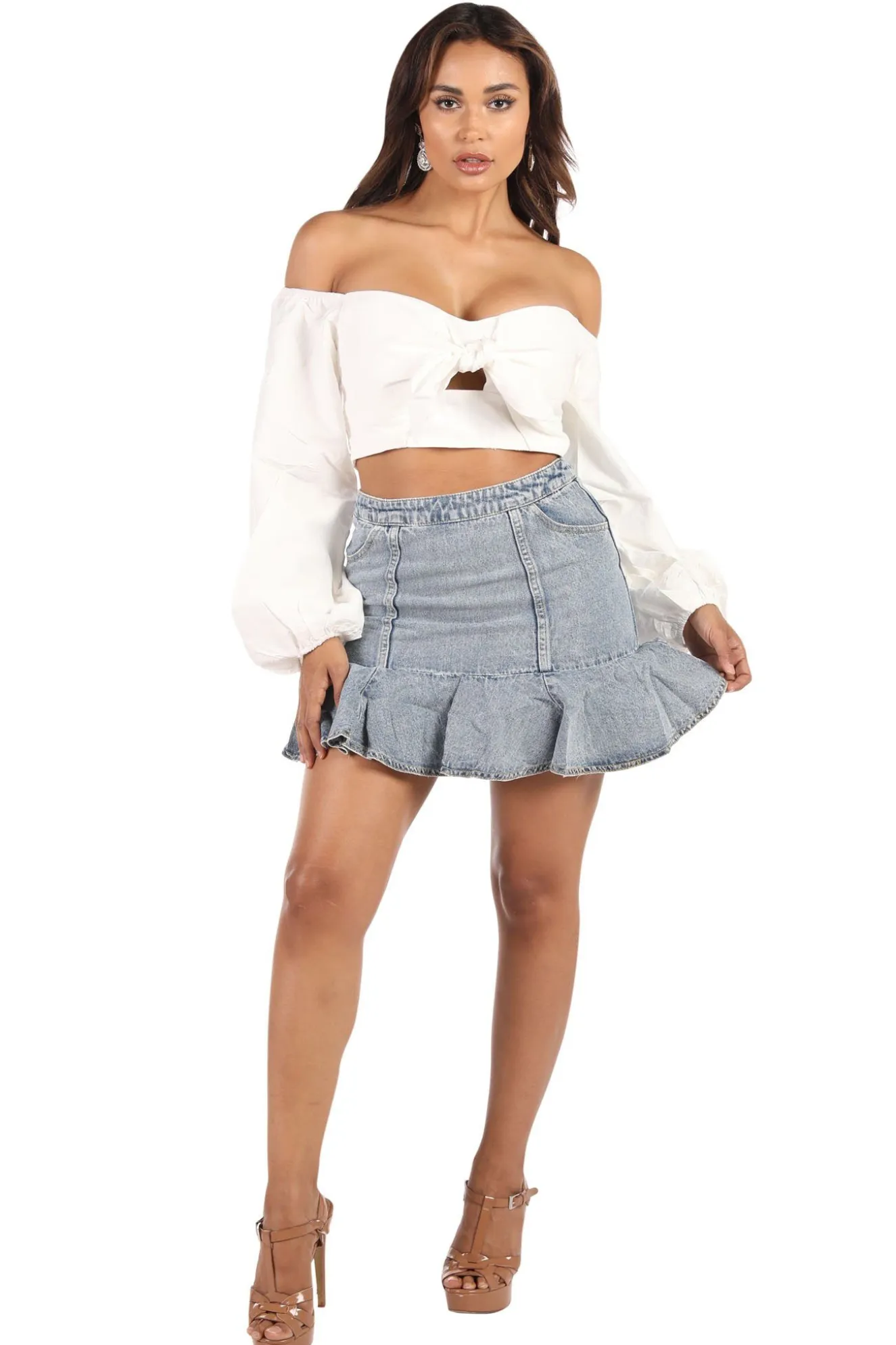 Bardot Bow Front Long Sleeve Top - White