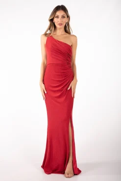 CALI One Shoulder Maxi Dress - Shimmer Red