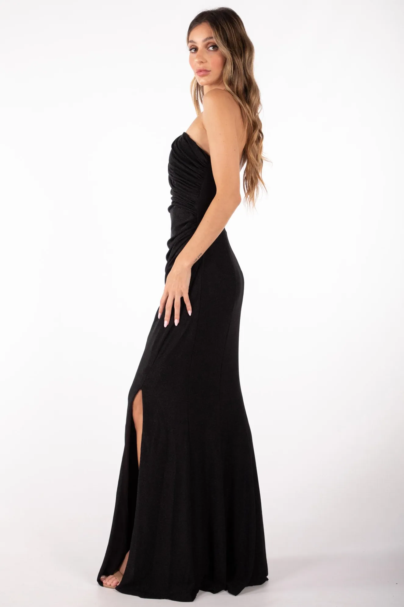 CALI One Shoulder Maxi Dress - Shimmer Black