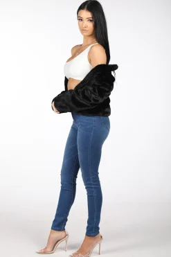 Cropped Faux Fur Coat - Black