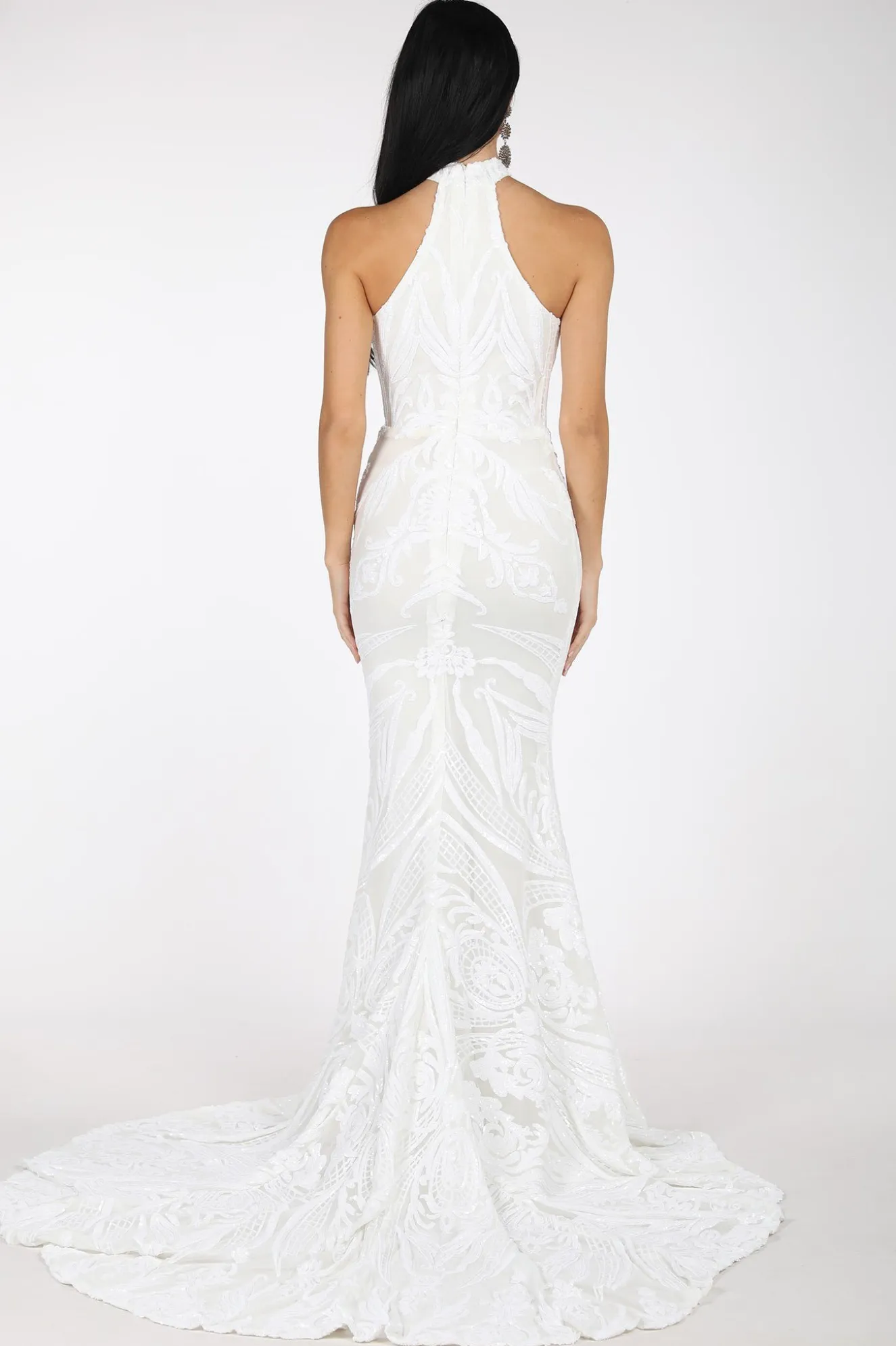 Delilah High Neck Pattern Sequin Gown - White