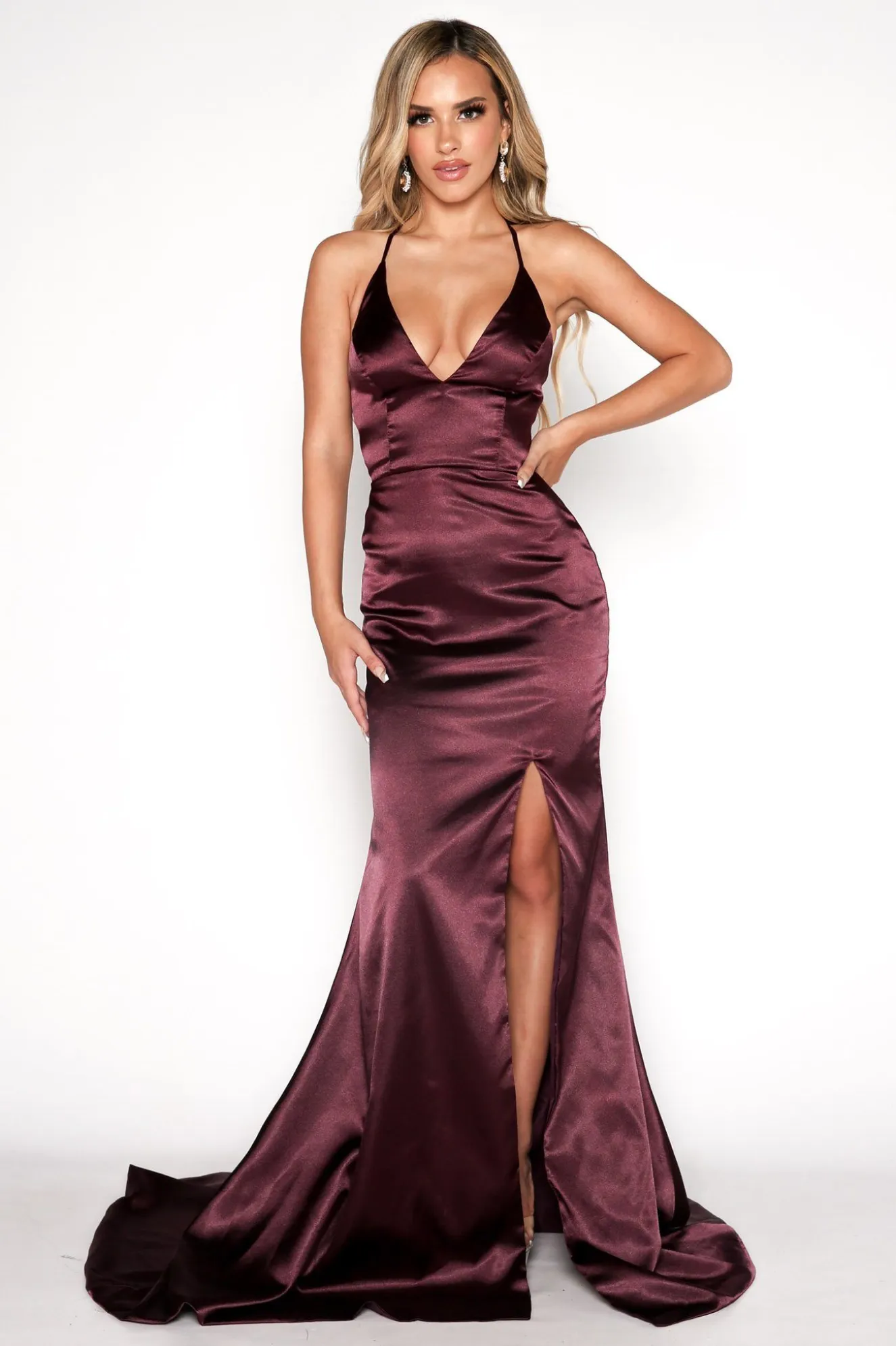 ELECTRA Lace Up Back Front Slit Satin Gown - Plum