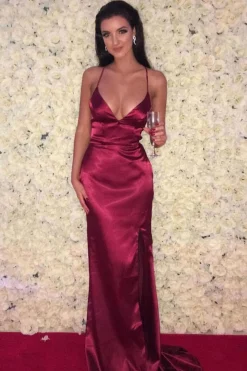 ELECTRA Lace Up Back Front Slit Satin Gown - Deep Red