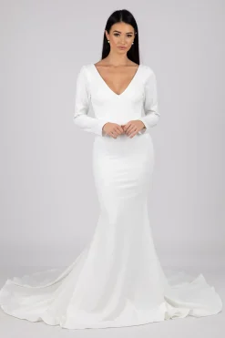 Elena Long-Sleeve Crepe Gown - Ivory