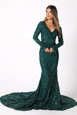 Elena Long-Sleeve Pattern Sequin Gown - Emerald