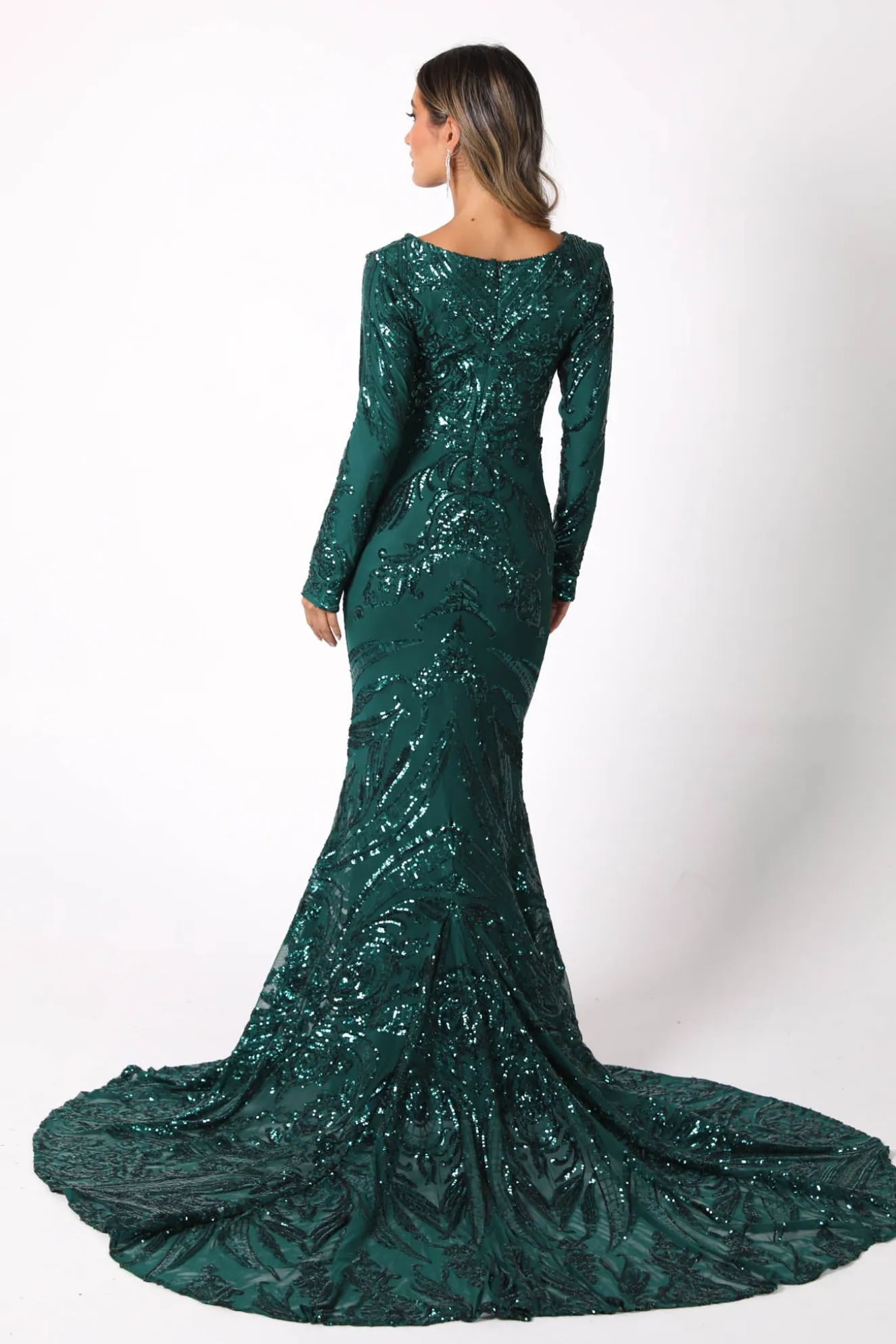 Elena Long-Sleeve Pattern Sequin Gown - Emerald