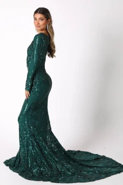 Elena Long-Sleeve Pattern Sequin Gown - Emerald