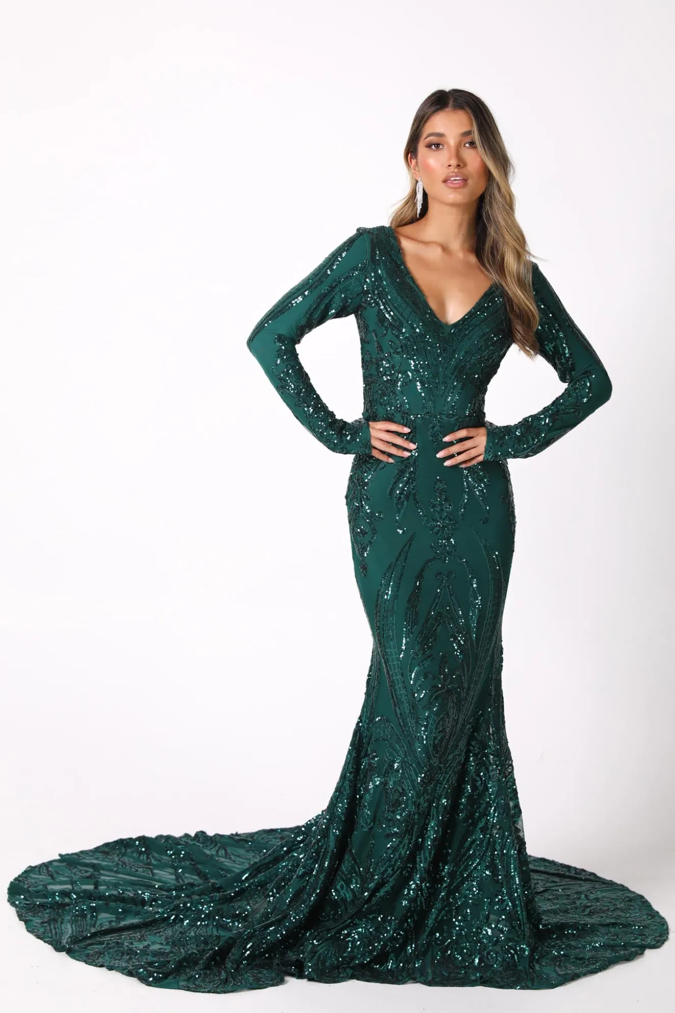 Elena Long-Sleeve Pattern Sequin Gown - Emerald