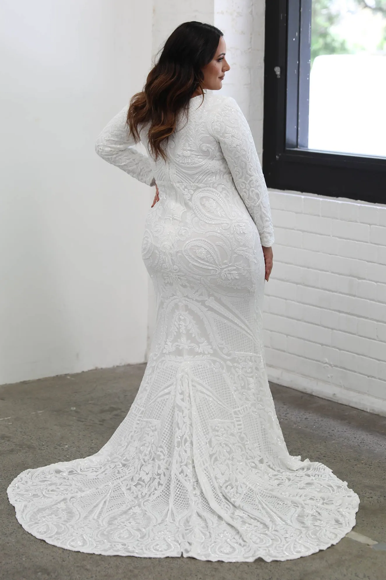 Elena Long-Sleeve Pattern Sequin Gown - White/White