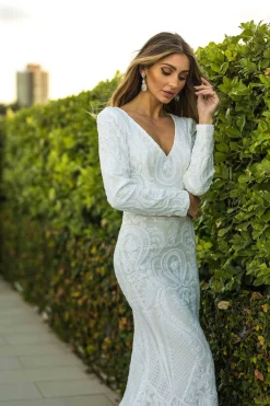 Elena Long-Sleeve Pattern Sequin Gown - White/White