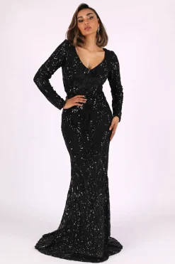 Elena Long-Sleeve Pattern Sequin Gown (NO Train) - Black