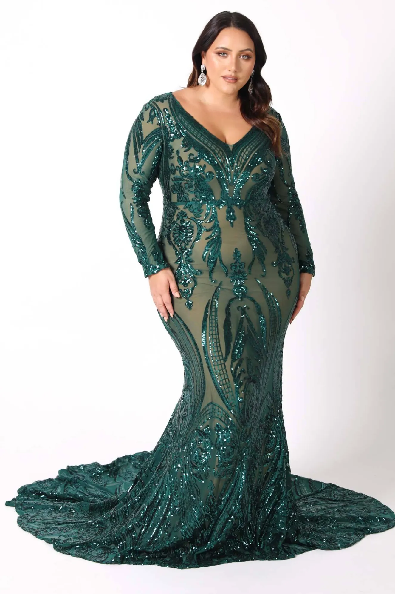 Elena Long-Sleeve Pattern Sequin Gown - Emerald/Nude