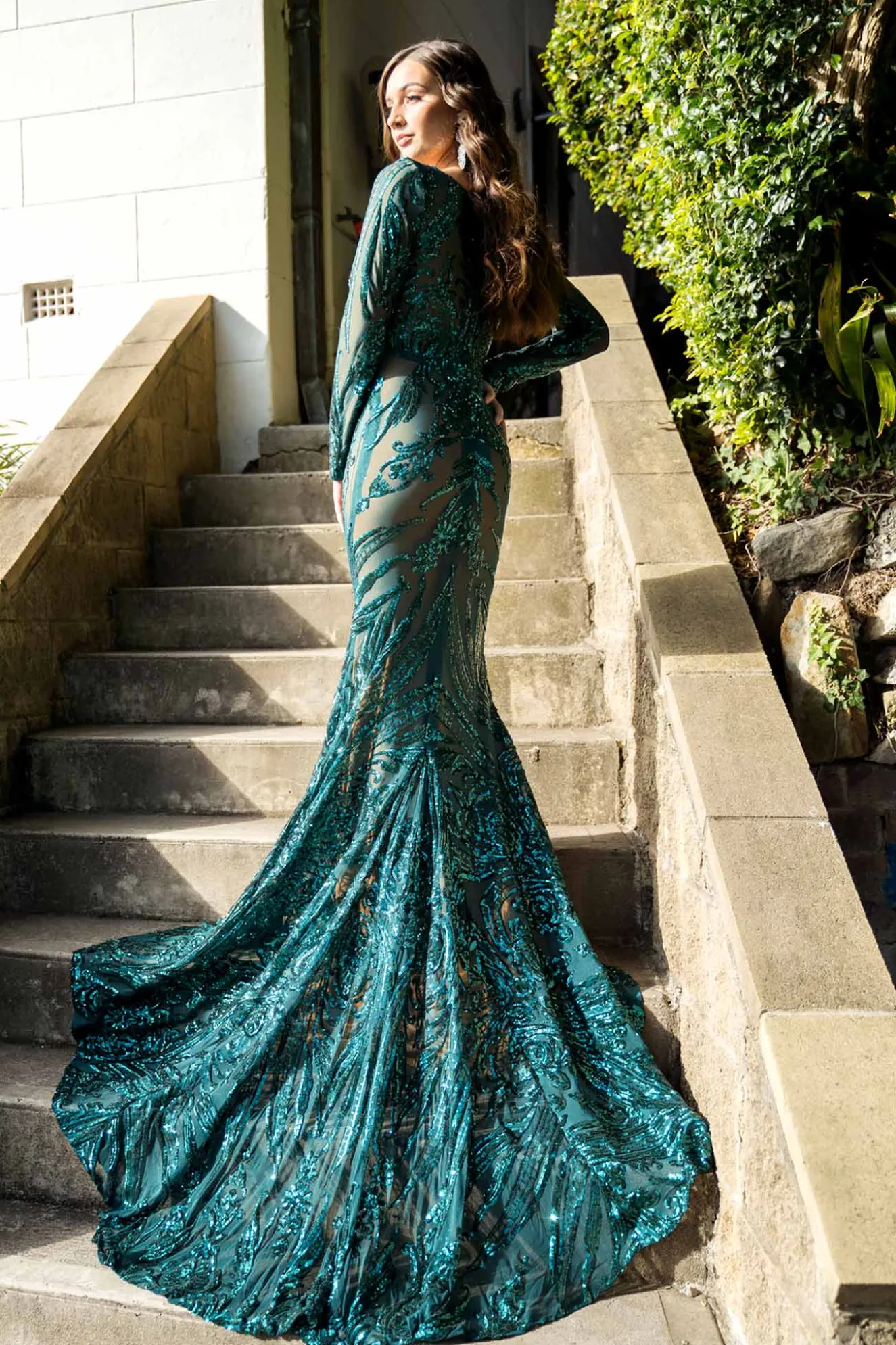 Elena Long-Sleeve Pattern Sequin Gown - Emerald/Nude