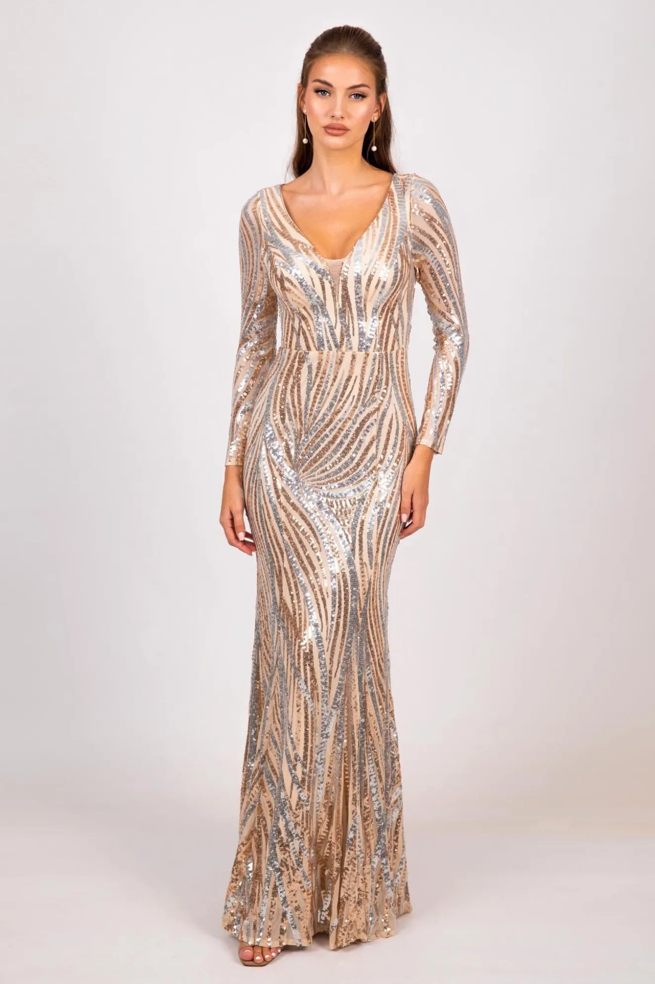 Evangeline Pattern Sequin Gown - Champagne