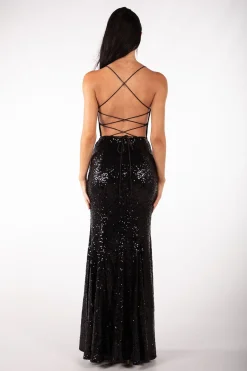 Fresia Lace Up Sequin Gown - Black