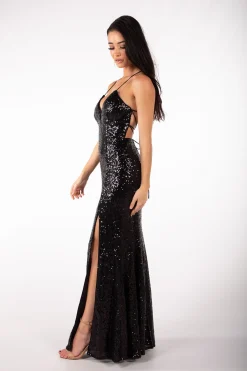 Fresia Lace Up Sequin Gown - Black