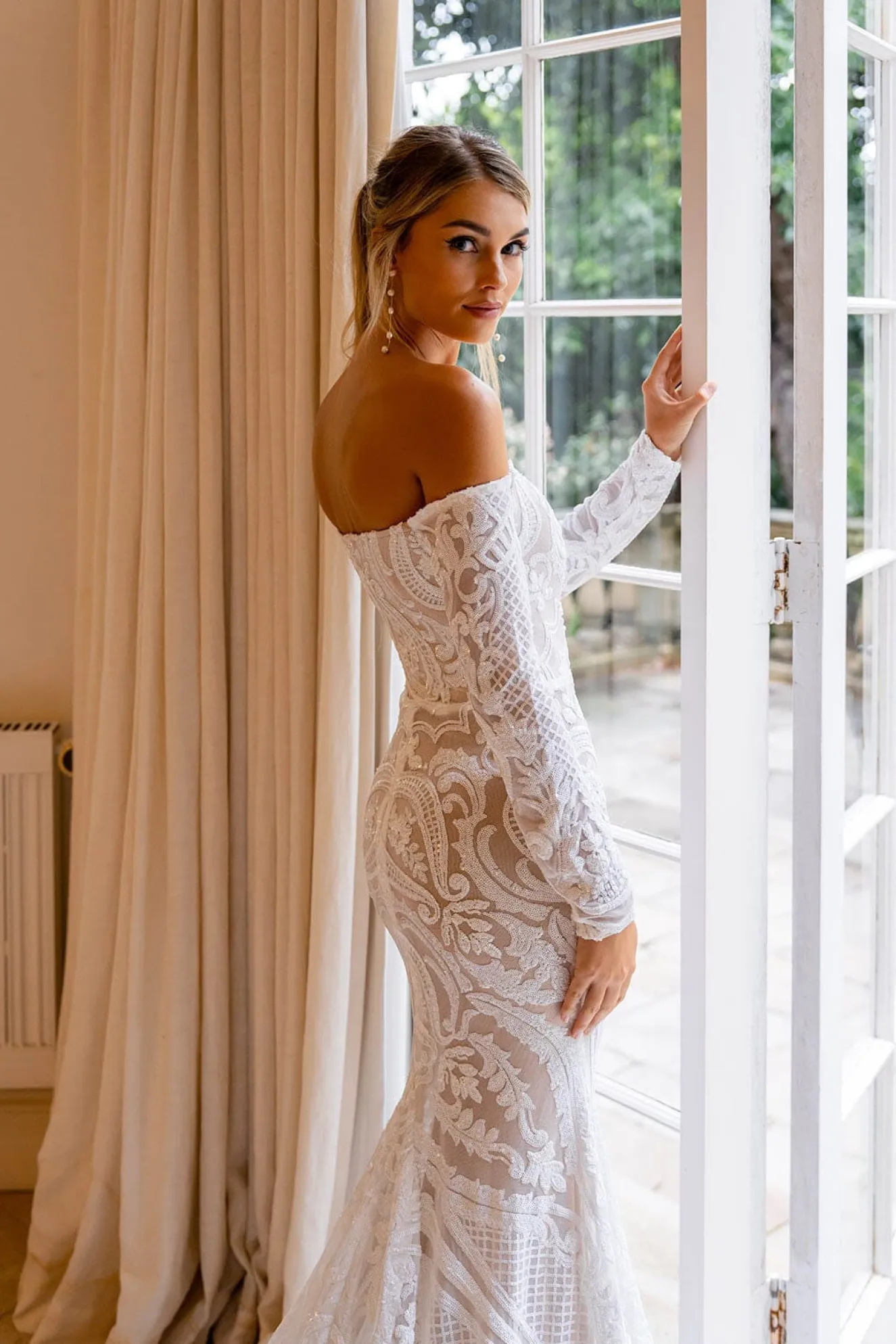 Gianna Off-Shoulder Long Sleeve Gown - White/Nude