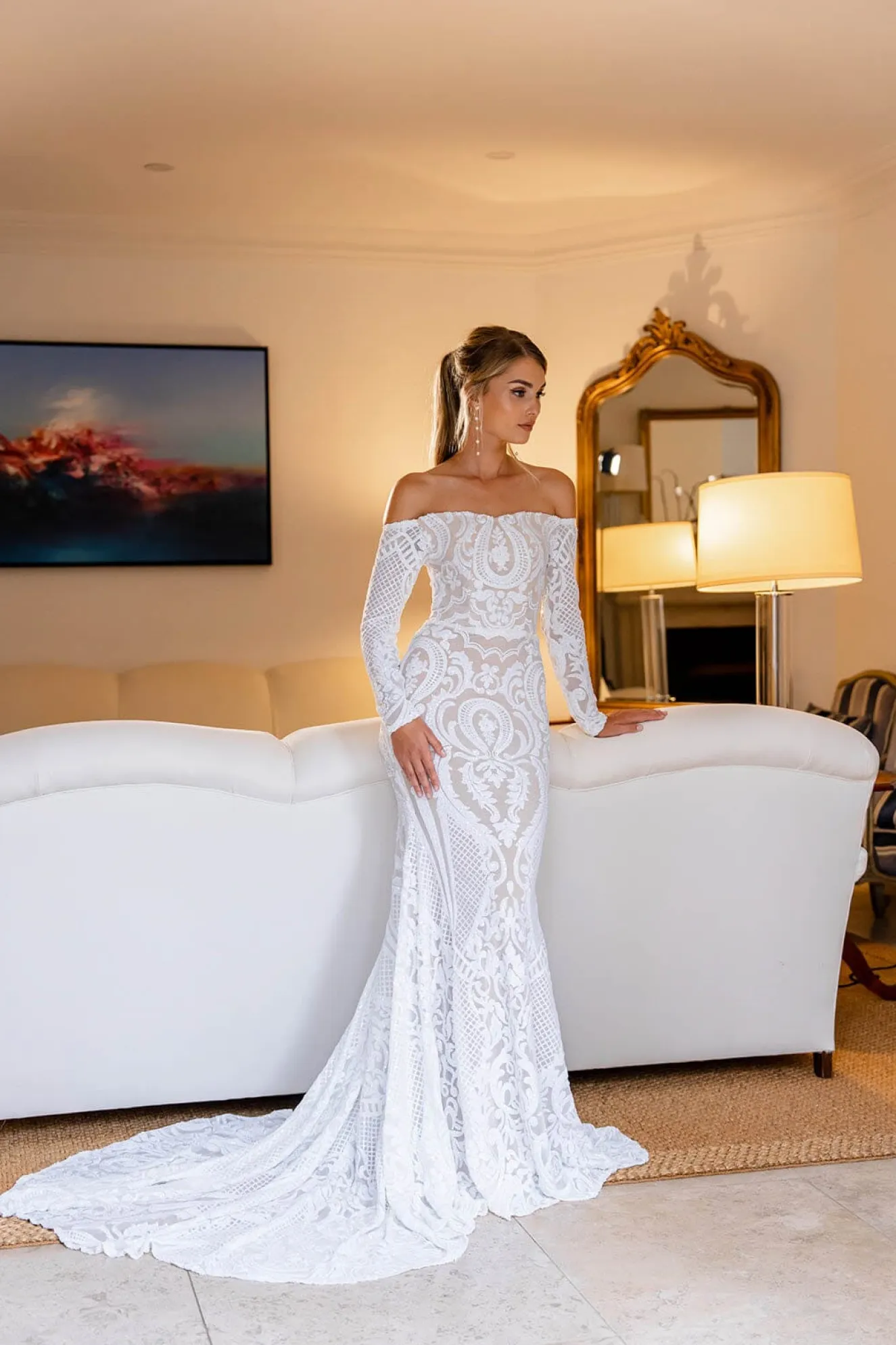 Gianna Off-Shoulder Long Sleeve Gown - White/Nude