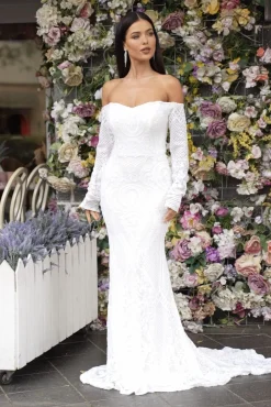 Gianna Off-Shoulder Long Sleeve Gown - White/White