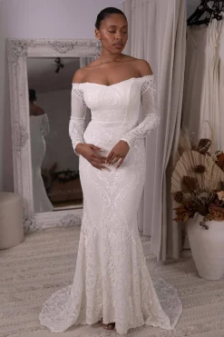 Gianna Off-Shoulder Long Sleeve Gown - White/White