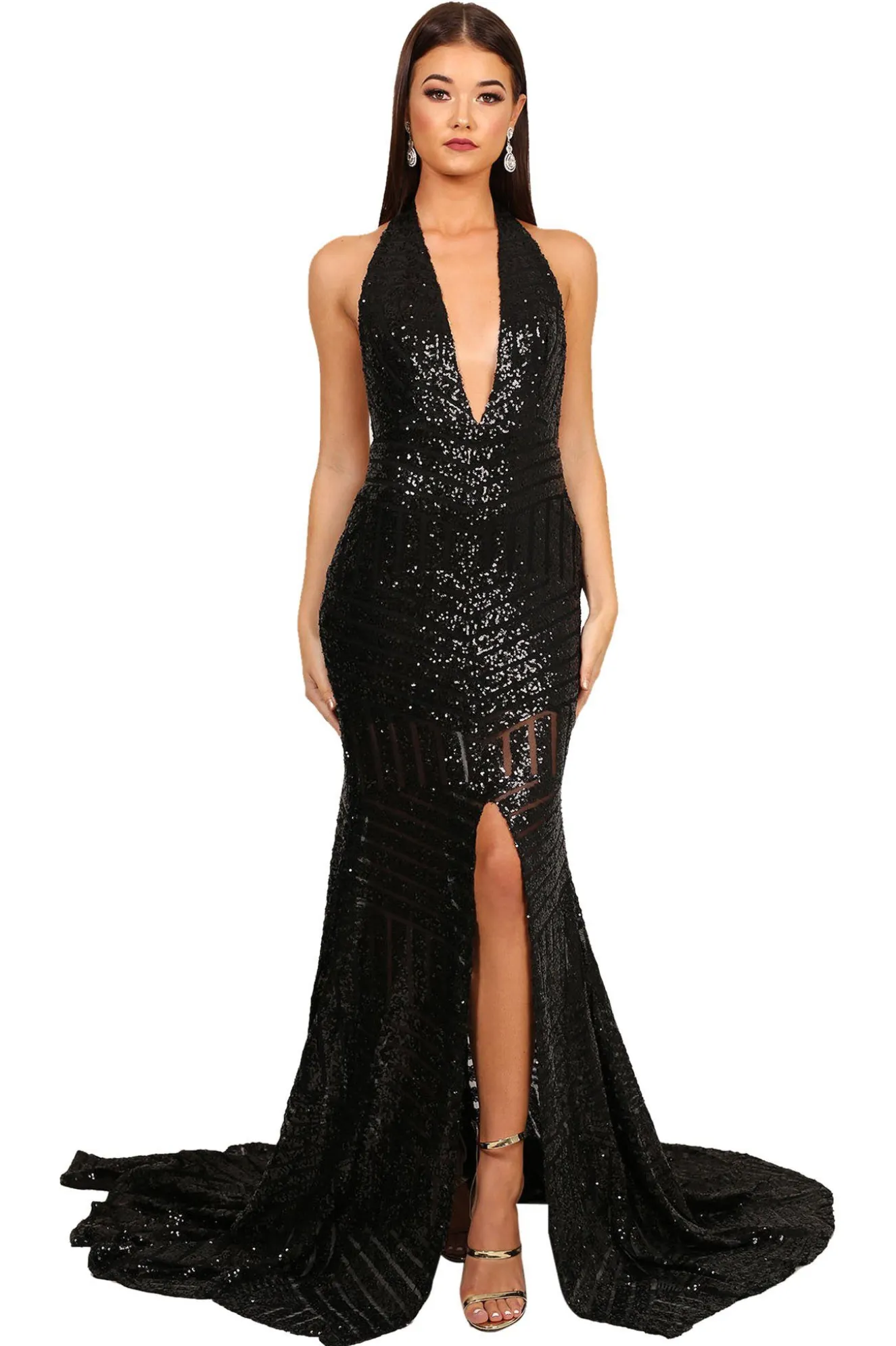 Goddess Geometric Sequin Gown - Black