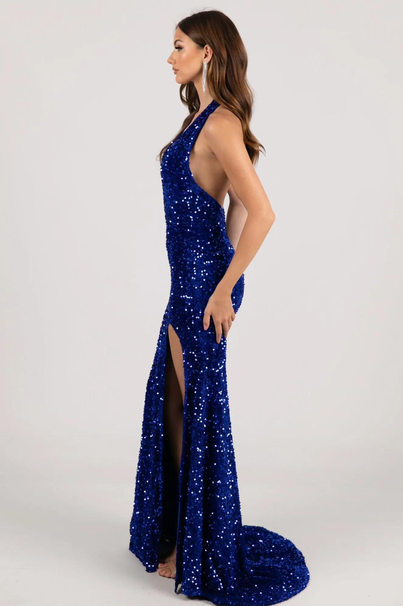 KENDALL Halter Neck Velvet Sequin Gown - Royal Blue
