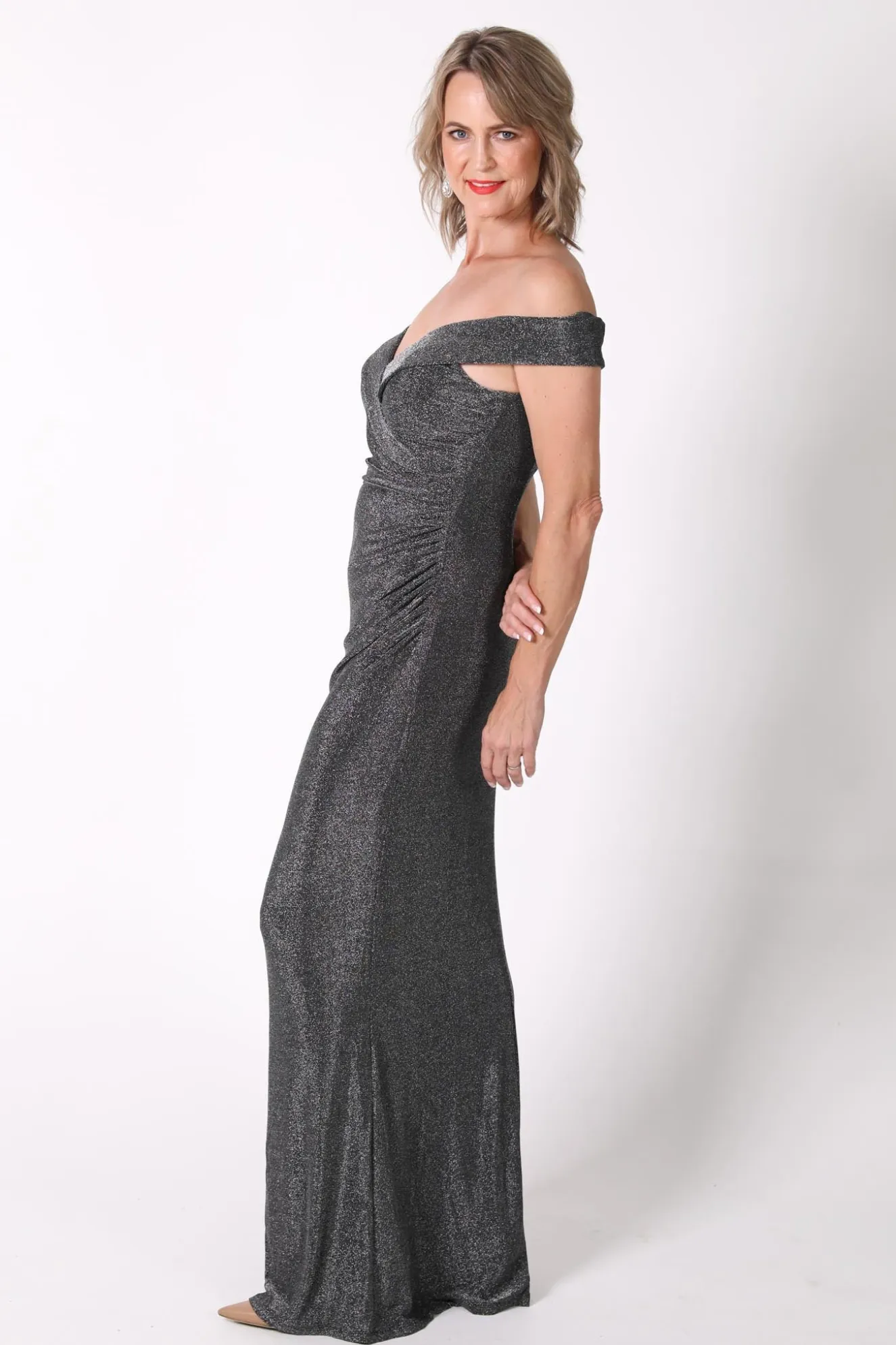 Lawrence Off Shoulder Maxi Dress - Shimmer Grey