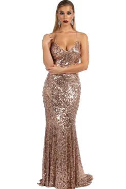 Leona Sequin Beaded Lace Up Gown - Rose Gold
