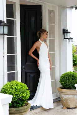 LILIAN High Neck Backless Satin Gown - Ivory