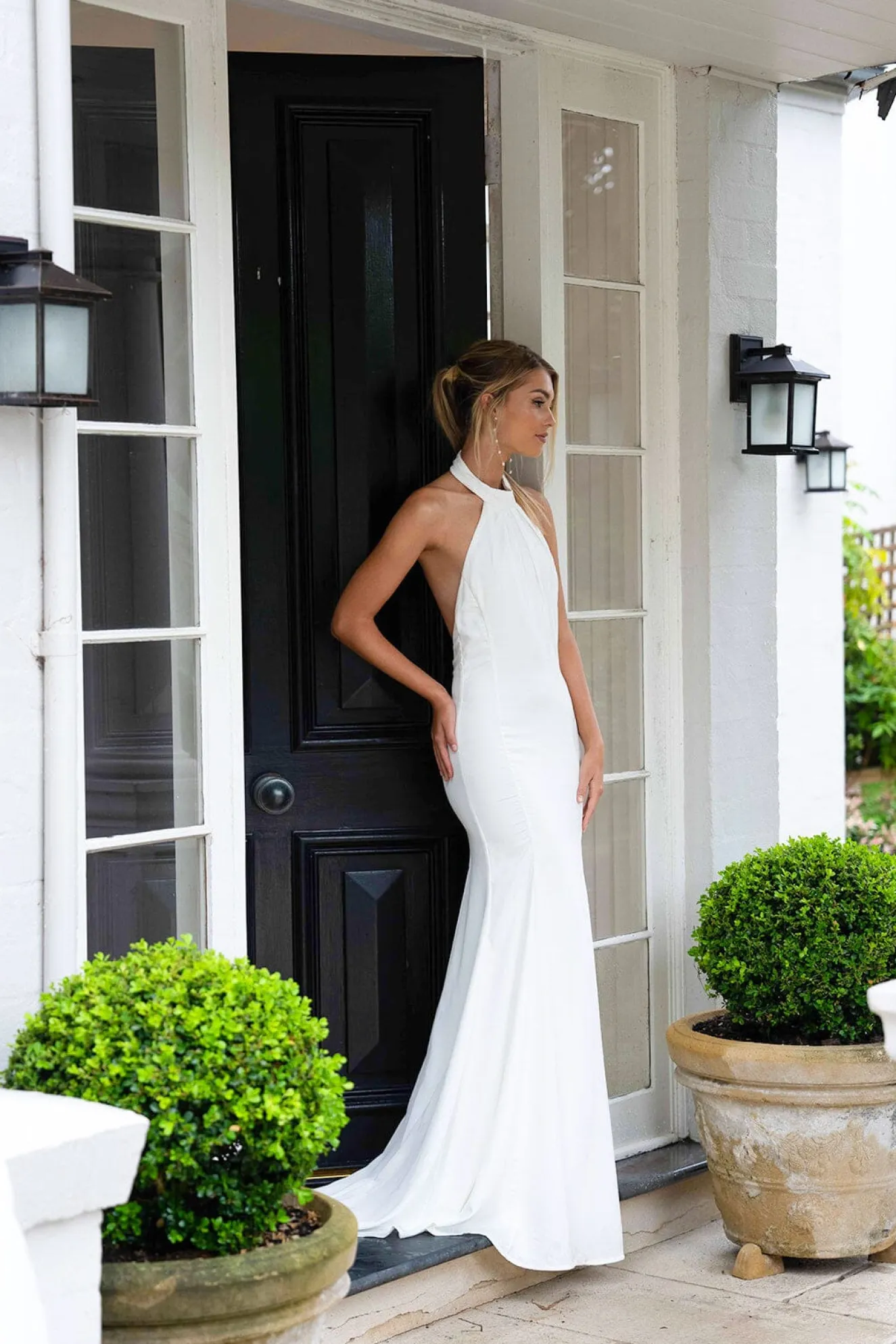 LILIAN High Neck Backless Satin Gown - Ivory