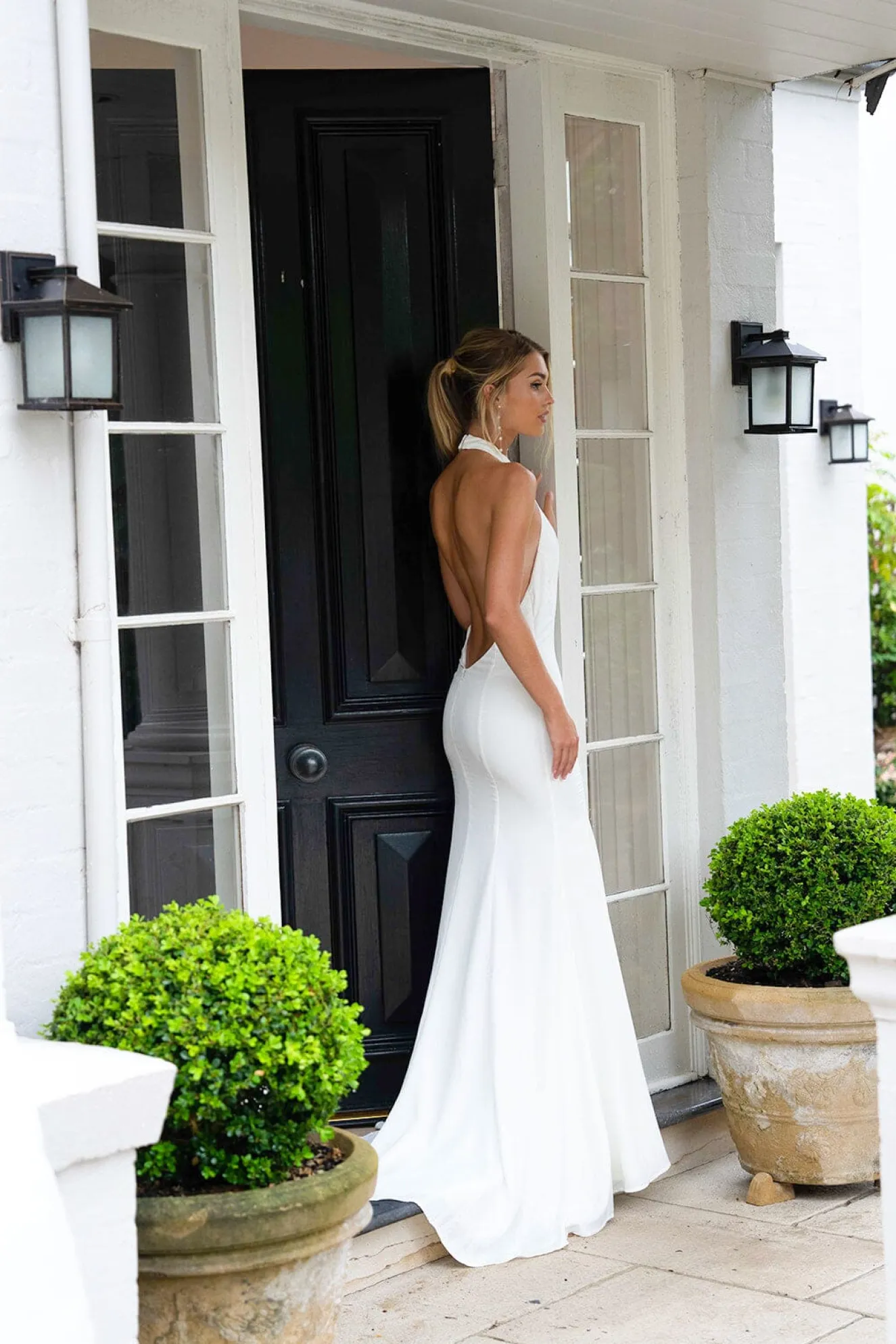 LILIAN High Neck Backless Satin Gown - Ivory