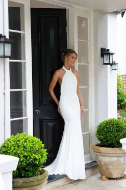 LILIAN High Neck Backless Satin Gown - Ivory