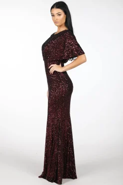 Margaret Butterfly-Sleeve Sequin Maxi Dress - Burgundy