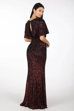 Margaret Butterfly-Sleeve Sequin Maxi Dress - Burgundy