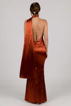 MARGOT Scarf Neck Satin Maxi Dress - Burnt Orange