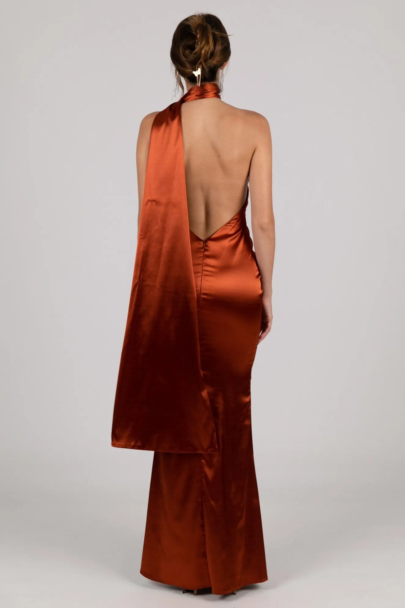 MARGOT Scarf Neck Satin Maxi Dress - Burnt Orange