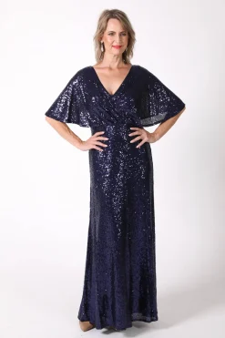 Martha Butterfly-Sleeve Sequin Maxi Dress - Navy