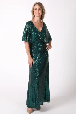 Martha Butterfly-Sleeve Sequin Maxi Dress - Emerald Green