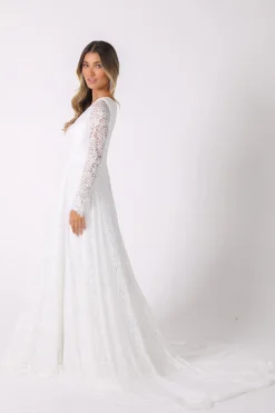NISHA Long Sleeve A-Line Lace Gown - White